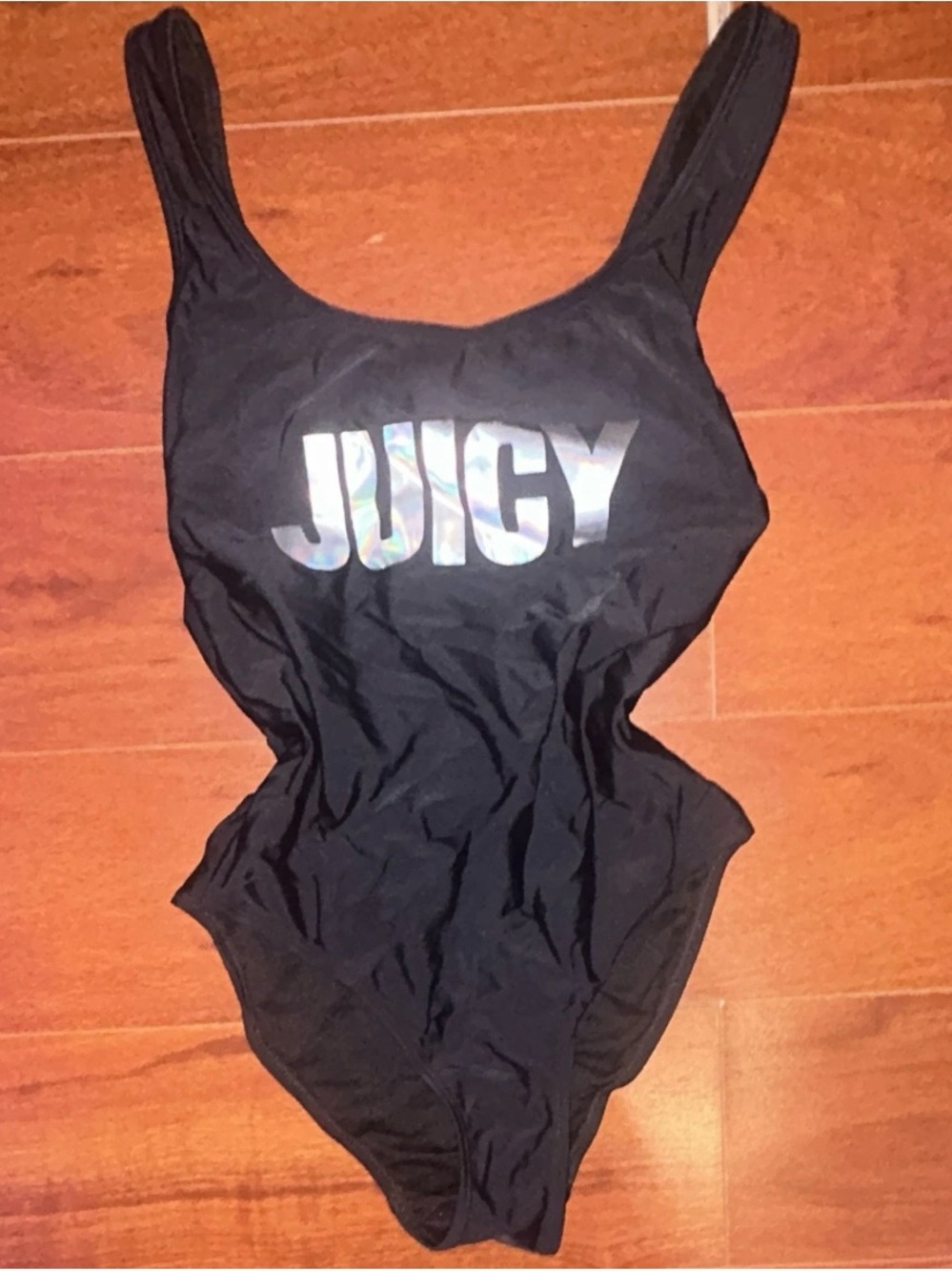 Juicy Couture Women's Black One-Piece Swimsuit with Holographic Logo